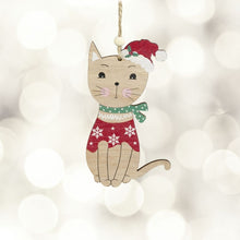 Load image into Gallery viewer, Hanging Wooden Cat Christmas Decoration
