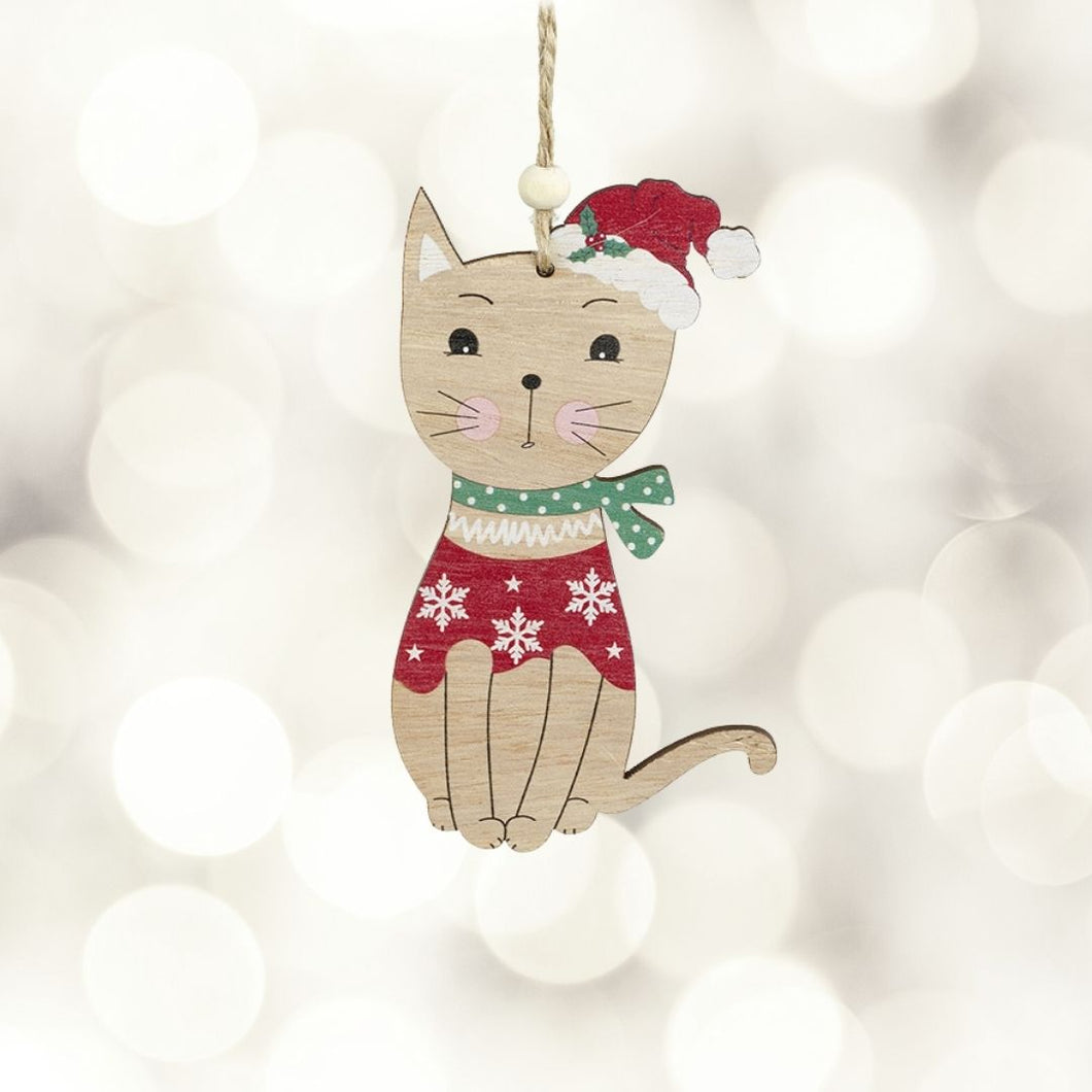 Hanging Wooden Cat Christmas Decoration